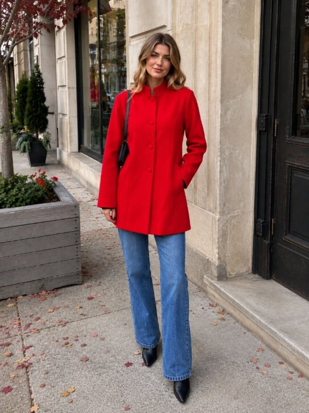 FME Red Longline Coat Stand Collar Button Front Tailored Jacket